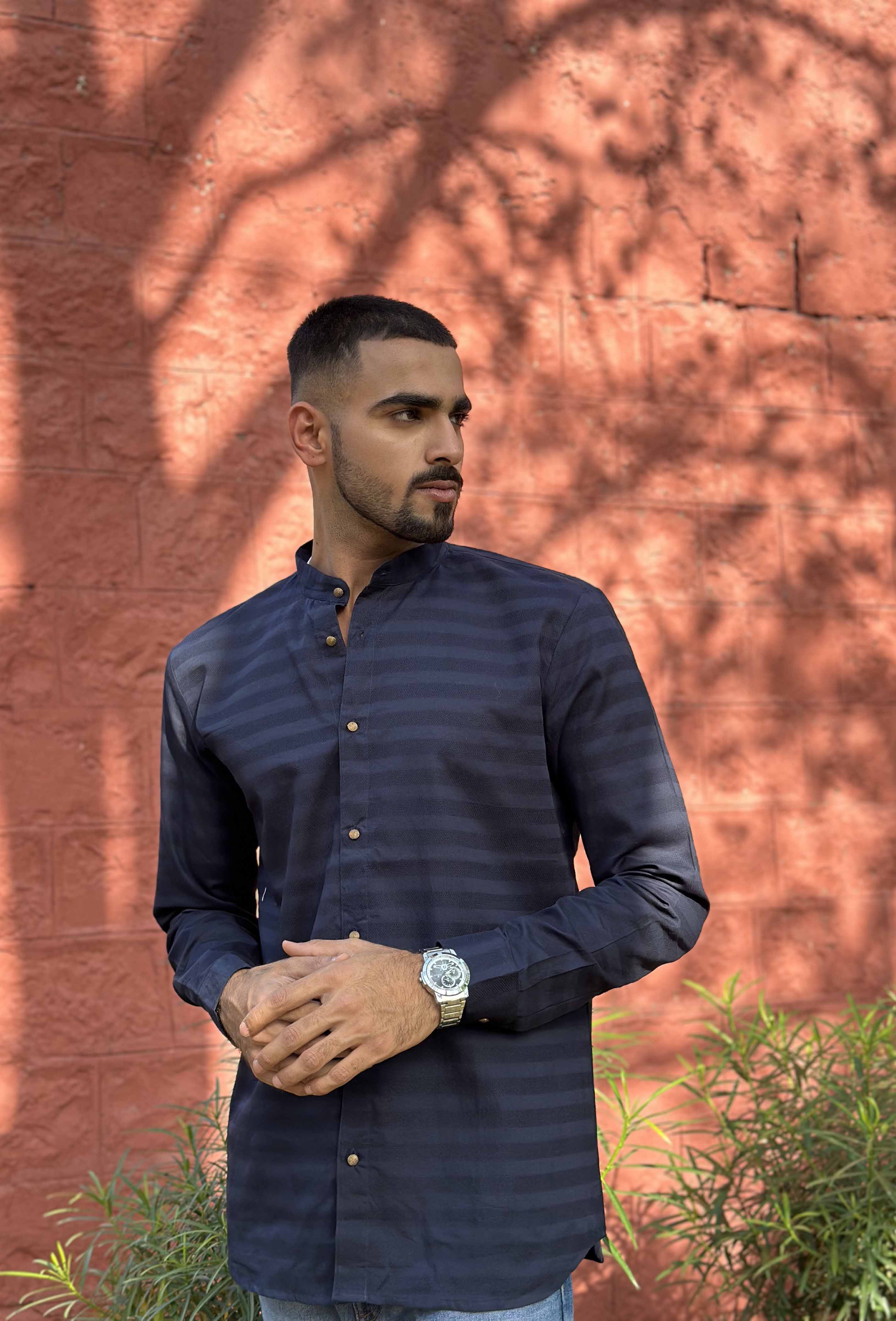 Navy Blue Horizontal Striped Shirt